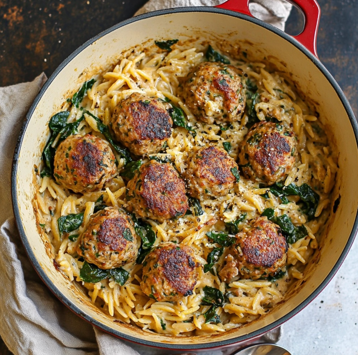 Tuscan Chicken Meatball Orzo