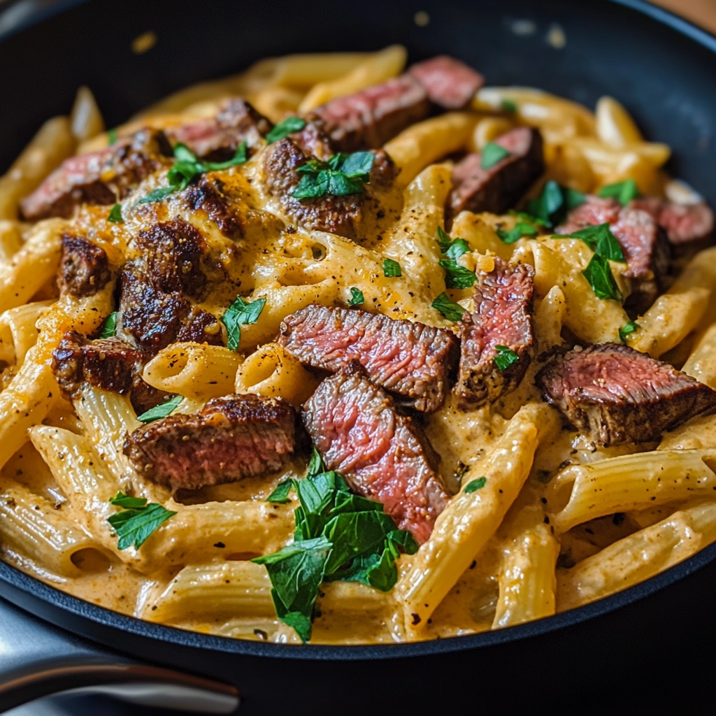 Skillet Creamy Spicy Cajun Steak & Cheddar Pasta
