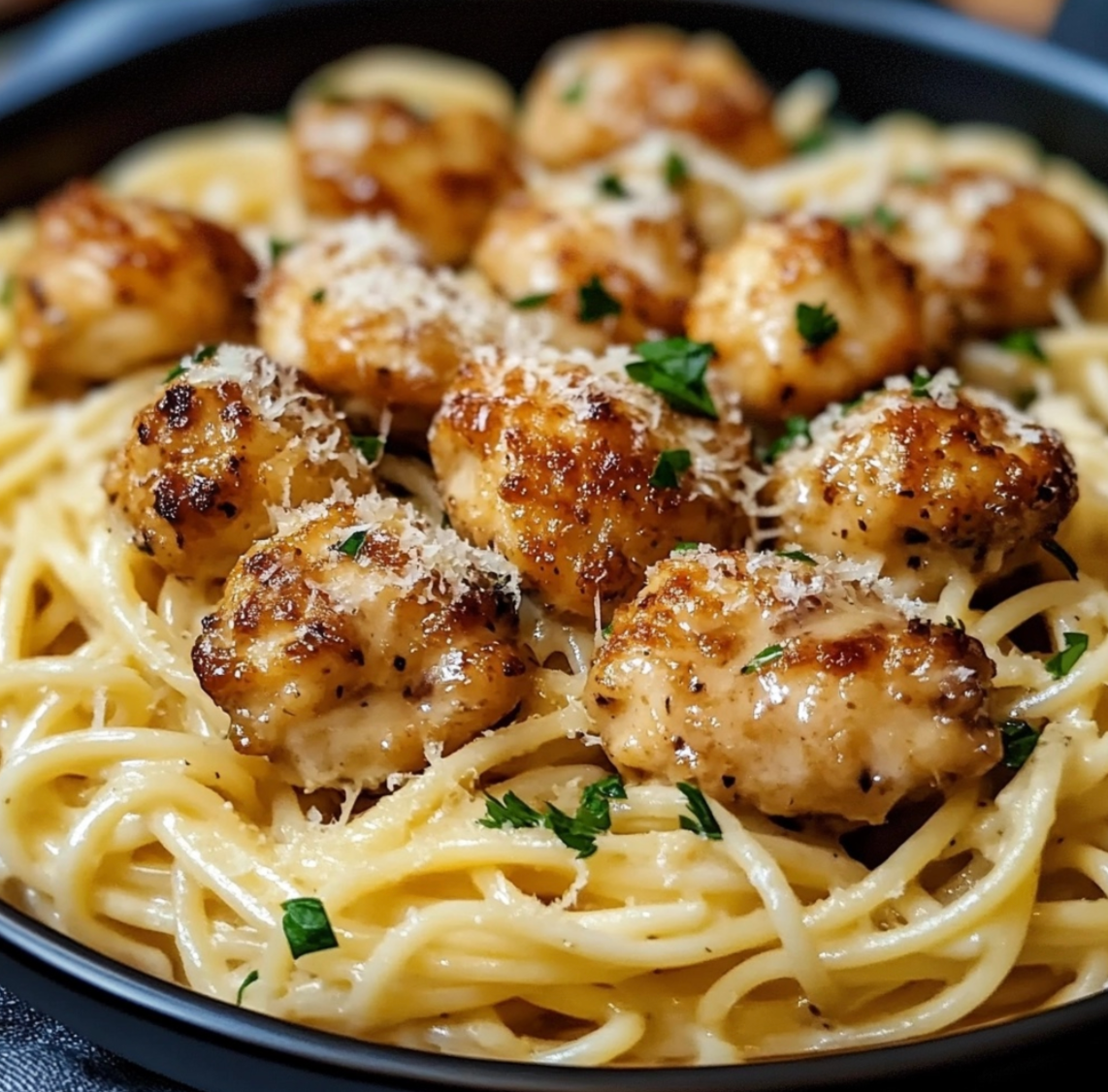 Garlic Butter Chicken Bites with Creamy Parmesan Pasta