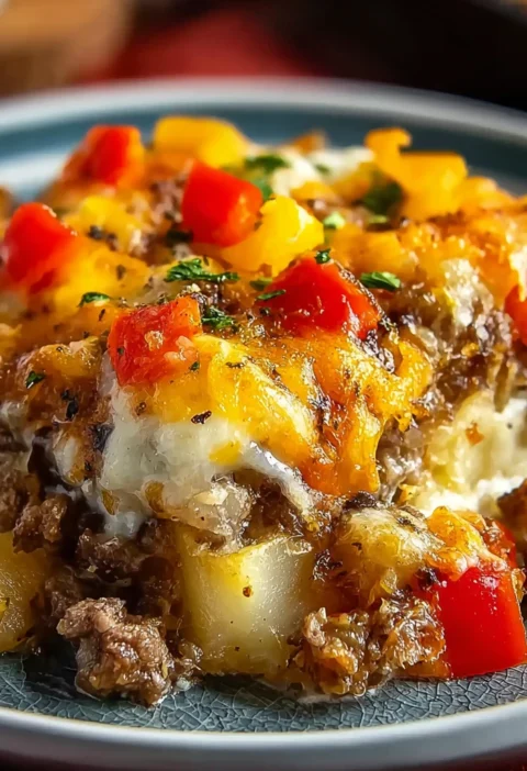 Easy Crockpot Cheesesteak Potato Casserole Recipe Slow Cooker Cheesesteak Casserole With Potatoes Best Cheesesteak Potato ...