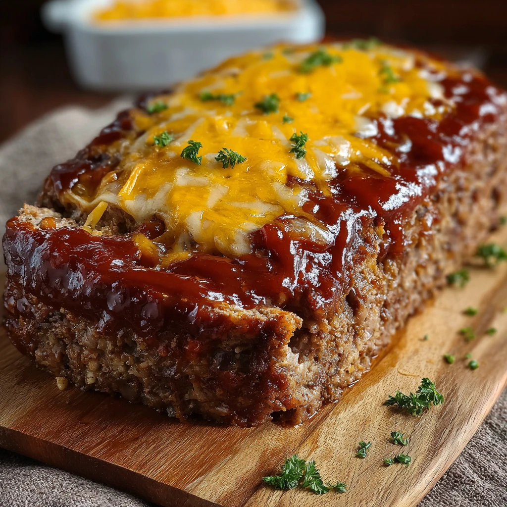 Cheesy Cowboy Meatloaf with Pinto Beans and Chili Glaze