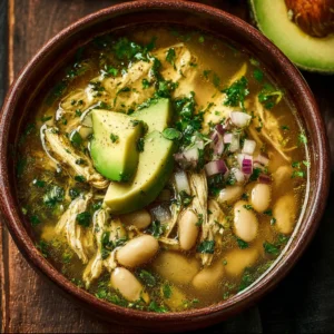 Zesty Green Chicken Chili Soup with White Beans & Avocado